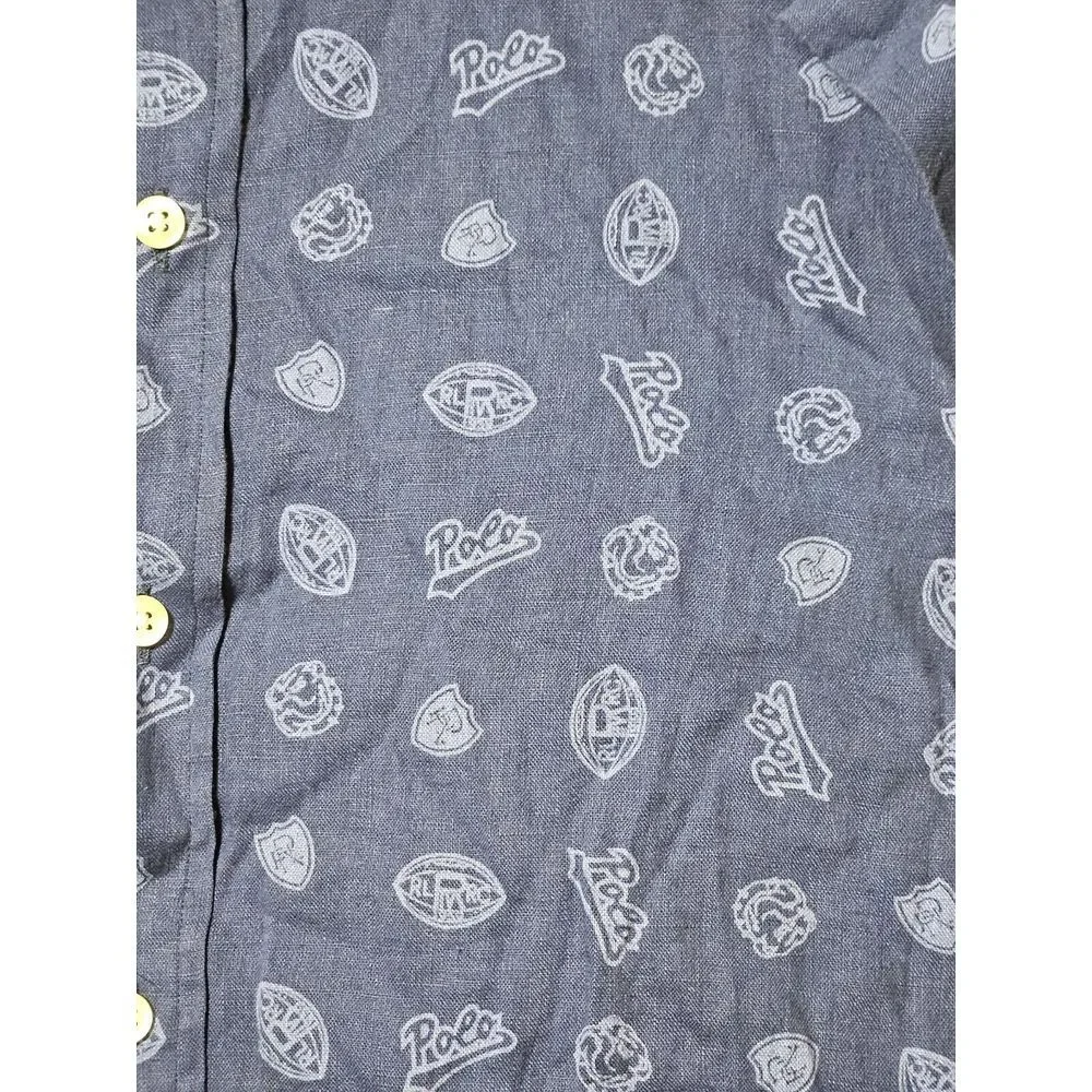 Polo Ralph Lauren Shirt 100% LINEN Blue All Over Rugby Football Print Men's‎ L